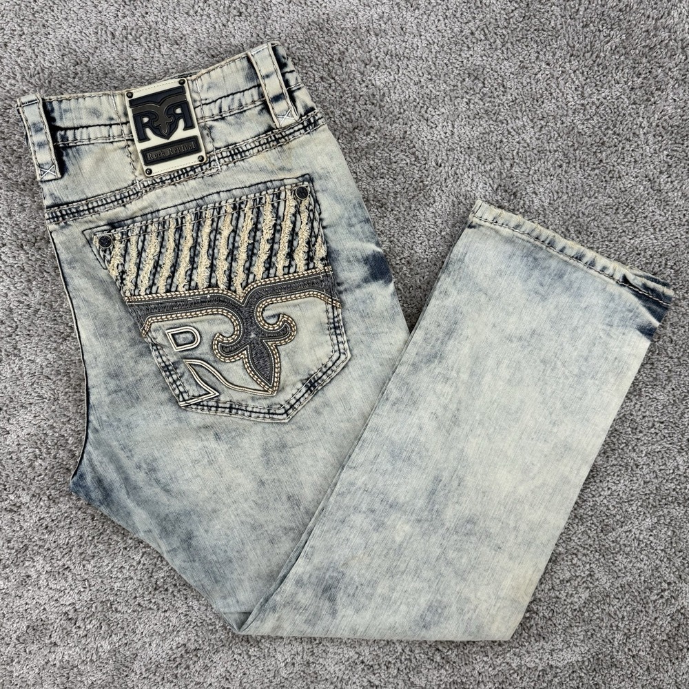 Rock Revival Jean Men 44 Dudley Relaxed Straight Acid Wash Distressed Embroidery